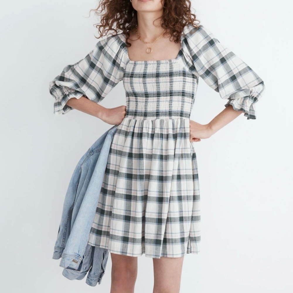 Madewell Lucie Elbow Sleeve Smocked Mini Dress M Lebaum Plaid Milkmaid Peasant